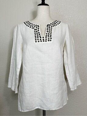 Ecologie 100% Linen White 3/4 Sleeves Brass Studs Blouse, Sz Small